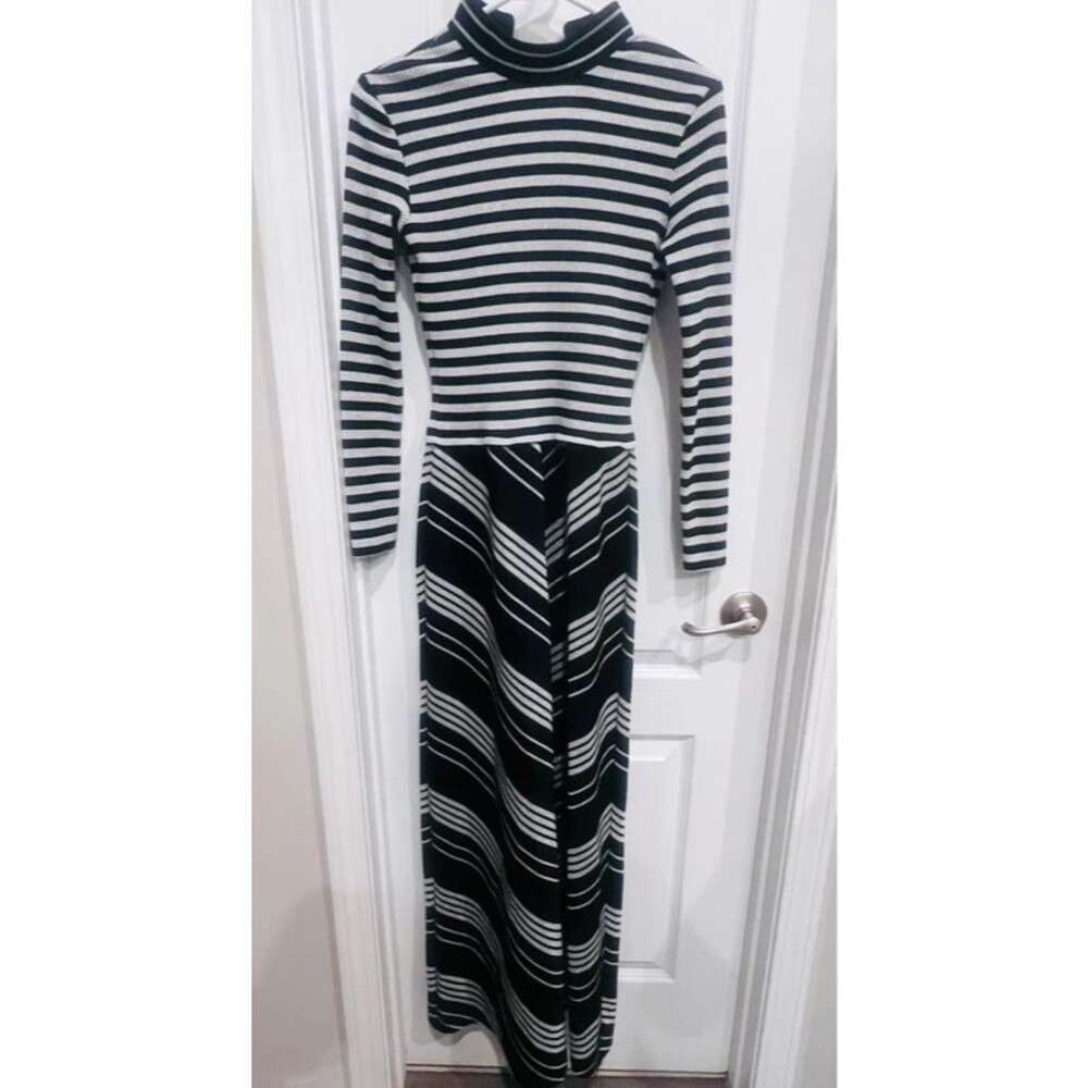 Jonathan Logan Black & Silver Striped Turtleneck Maxi Dress